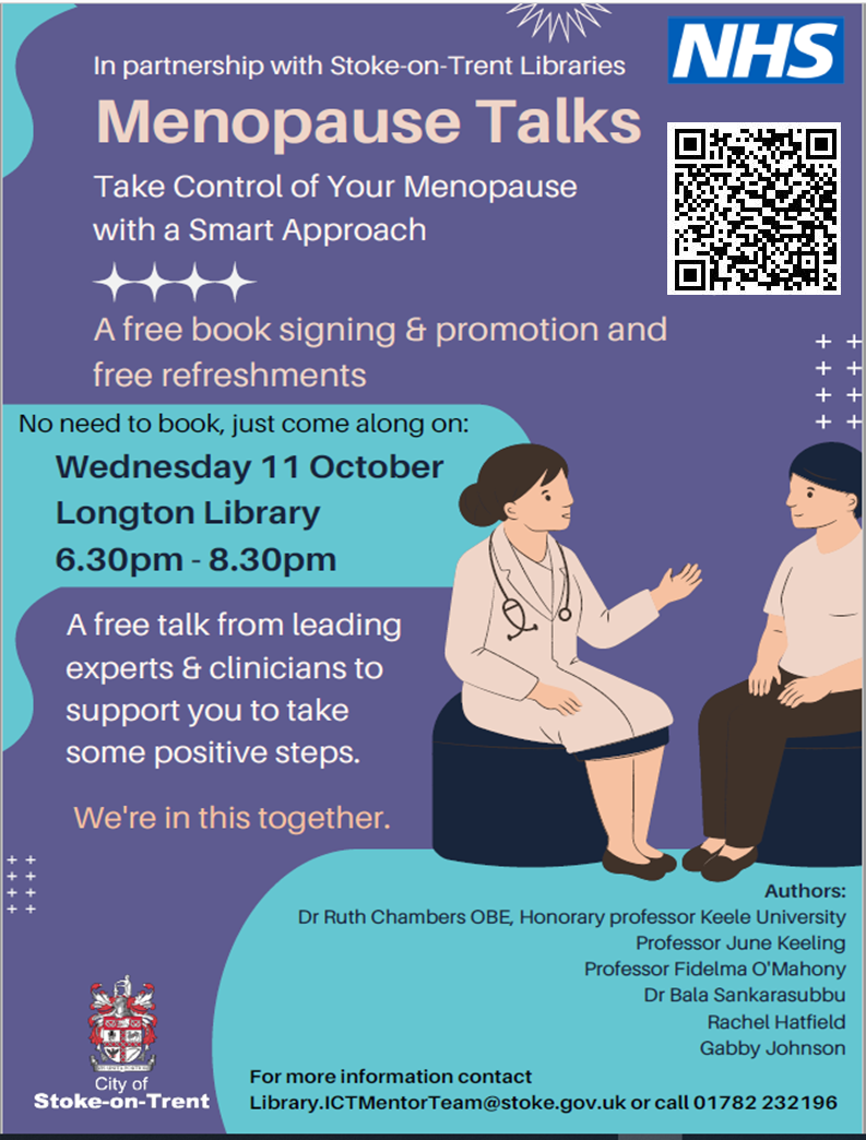 Menopause Talk, Wednesday 11th October, Longton Library, 18:30-20:30. No booking required.
